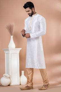 Picture of Marvelous White Designer Men’s Kurta Pyjama for Engagement, Festivals, Sangeet, and Parties