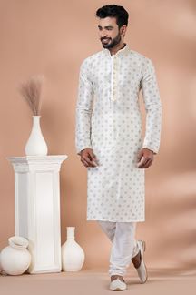 Picture of Classy Off-White Designer Men’s Kurta Pyjama for Engagement, Festivals, Sangeet, and Parties