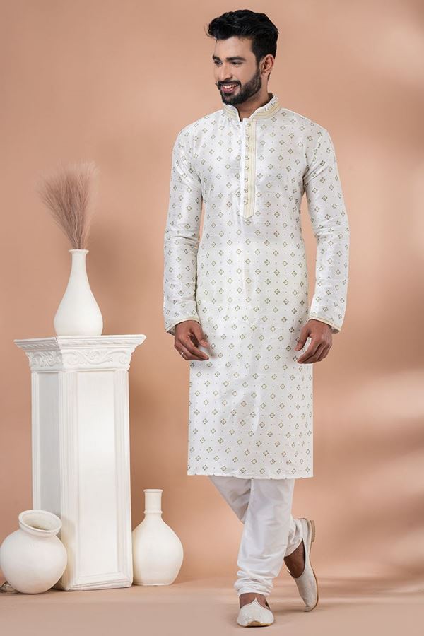Picture of Classy Off-White Designer Men’s Kurta Pyjama for Engagement, Festivals, Sangeet, and Parties