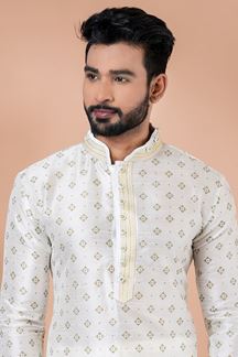 Picture of Classy Off-White Designer Men’s Kurta Pyjama for Engagement, Festivals, Sangeet, and Parties