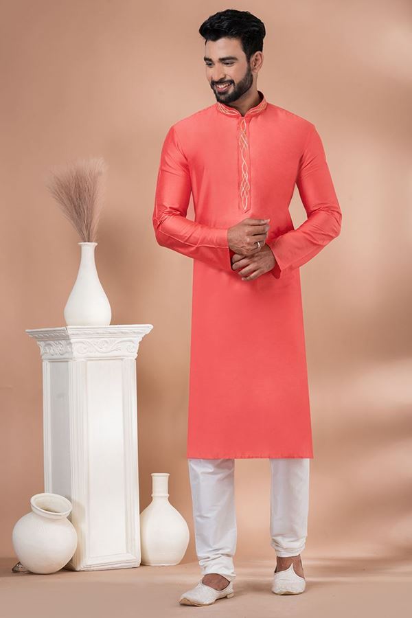 Picture of Elegant Rani Pink Designer Men’s Kurta Pyjama for Engagement, Reception, Festivals, Sangeet, and Parties