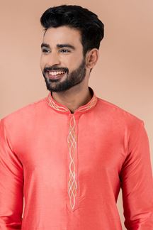Picture of Elegant Rani Pink Designer Men’s Kurta Pyjama for Engagement, Reception, Festivals, Sangeet, and Parties