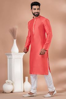 Picture of Elegant Rani Pink Designer Men’s Kurta Pyjama for Engagement, Reception, Festivals, Sangeet, and Parties