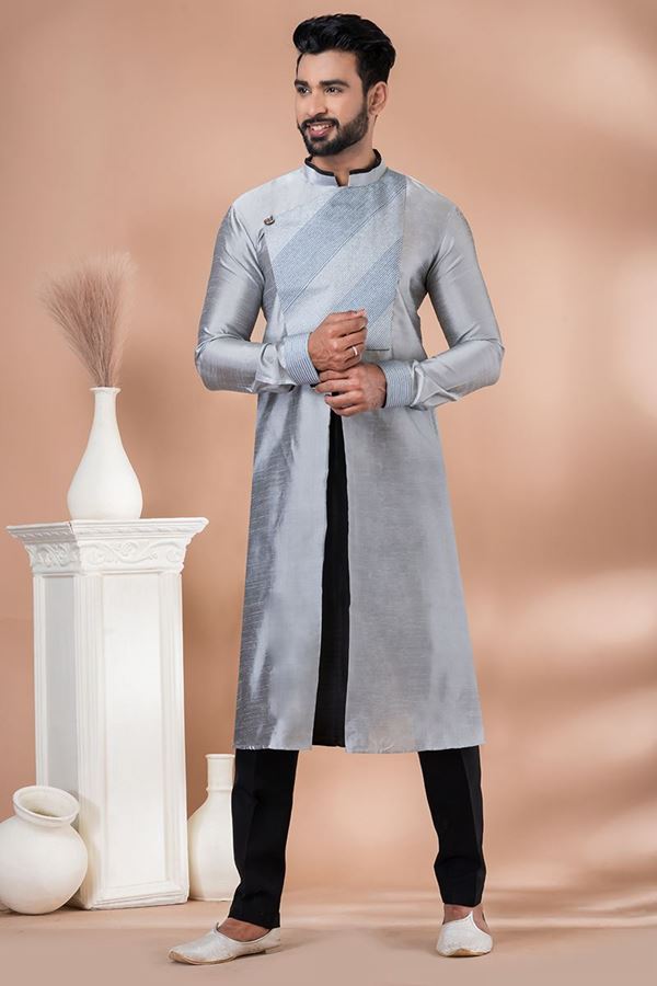 Picture of Attractive Grey Designer Men’s Kurta Pyjama for Engagement, Sangeet and Parties
