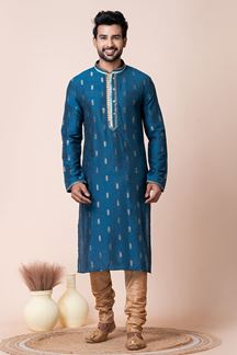 Picture of Enticing Blue Designer Men’s Kurta Pyjama for Wedding, Reception, Sangeet, and Parties