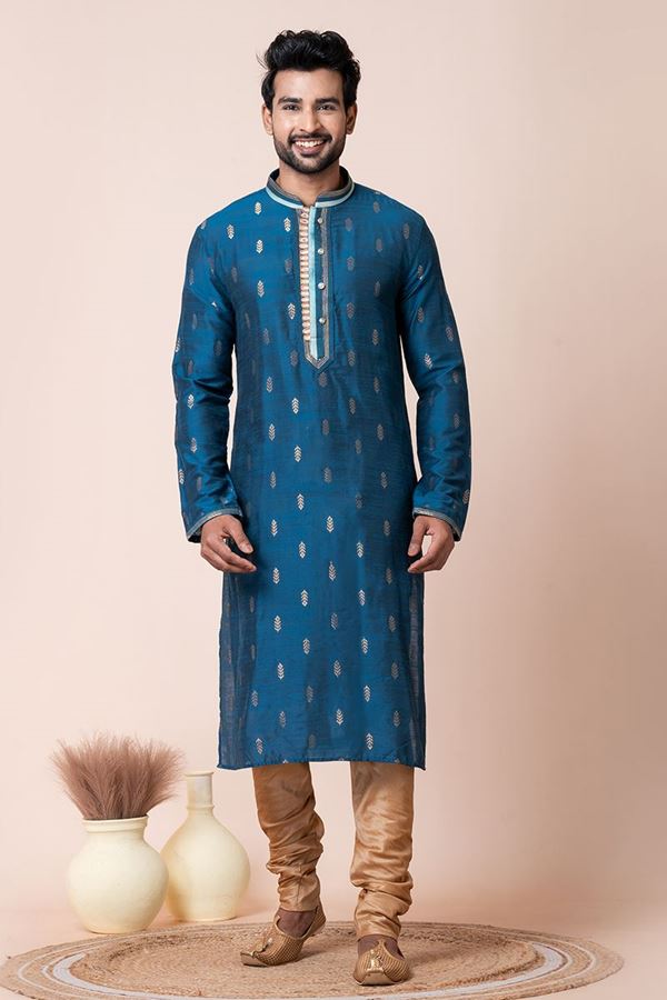 Picture of Enticing Blue Designer Men’s Kurta Pyjama for Wedding, Reception, Sangeet, and Parties