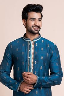 Picture of Enticing Blue Designer Men’s Kurta Pyjama for Wedding, Reception, Sangeet, and Parties