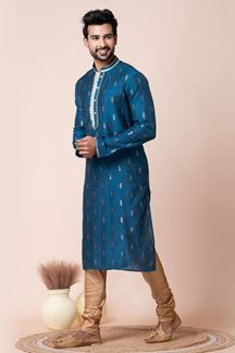 Picture of Enticing Blue Designer Men’s Kurta Pyjama for Wedding, Reception, Sangeet, and Parties