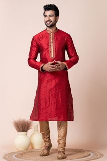 Picture of Splendid Red Designer Men’s Kurta Pyjama for Wedding, Reception, Sangeet, and Parties