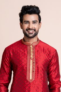 Picture of Splendid Red Designer Men’s Kurta Pyjama for Wedding, Reception, Sangeet, and Parties