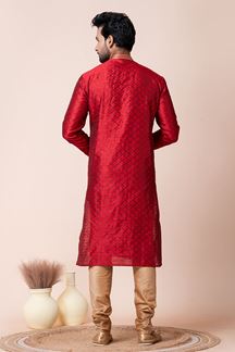 Picture of Splendid Red Designer Men’s Kurta Pyjama for Wedding, Reception, Sangeet, and Parties