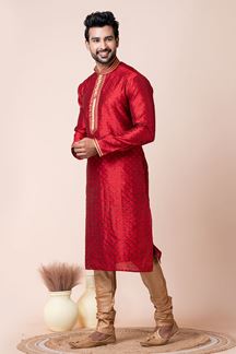 Picture of Splendid Red Designer Men’s Kurta Pyjama for Wedding, Reception, Sangeet, and Parties