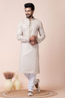 Picture of Amazing White Designer Men’s Kurta Pyjama for Engagement, Festivals, Sangeet, and Parties