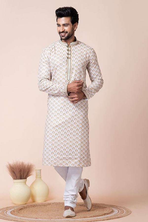 Picture of Amazing White Designer Men’s Kurta Pyjama for Engagement, Festivals, Sangeet, and Parties