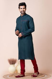 Picture of Fashionable Teal Green Designer Men’s Kurta Pyjama for Engagement, Reception, Festivals, Sangeet, and Parties