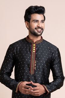 Picture of Exquisite Black Designer Men’s Kurta Pyjama for Reception, Sangeet, and Parties