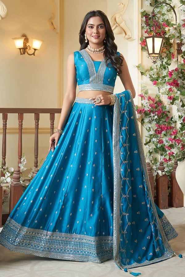 Picture of Exuberant Blue Designer Indo-Western Lehenga Choli for Engagement, Reception, Sangeet, and Parties
