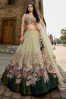 Picture of Fascinating Pastel Green Designer Indo-Western Lehenga Choli for Engagement, Wedding, Reception, Sangeet, and Parties