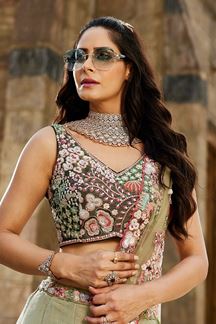 Picture of Fascinating Pastel Green Designer Indo-Western Lehenga Choli for Engagement, Wedding, Reception, Sangeet, and Parties