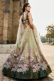Picture of Fascinating Pastel Green Designer Indo-Western Lehenga Choli for Engagement, Wedding, Reception, Sangeet, and Parties