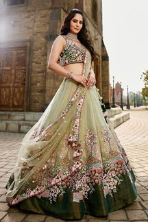 Picture of Fascinating Pastel Green Designer Indo-Western Lehenga Choli for Engagement, Wedding, Reception, Sangeet, and Parties