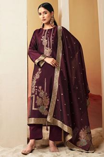 Picture of Enticing Wine Designer Straight Cut Suit for Wedding, Reception, Festivals, Sangeet, and Parties (Unstitched suit)