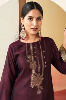 Picture of Enticing Wine Designer Straight Cut Suit for Wedding, Reception, Festivals, Sangeet, and Parties (Unstitched suit)