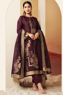 Picture of Enticing Wine Designer Straight Cut Suit for Wedding, Reception, Festivals, Sangeet, and Parties (Unstitched suit)
