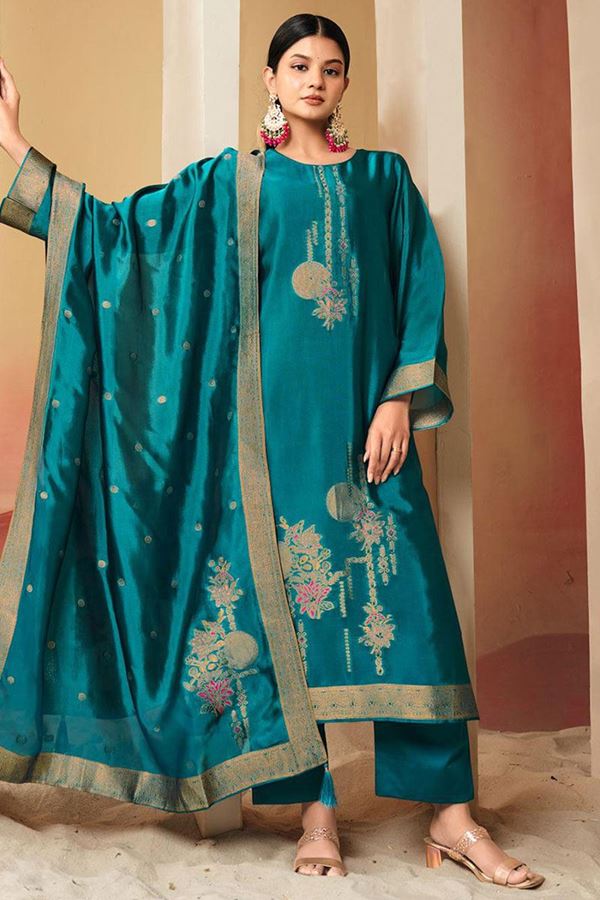 Picture of Alluring Turquoise Designer Straight Cut Suit for Wedding, Reception, Festivals, Sangeet, and Parties (Unstitched suit)