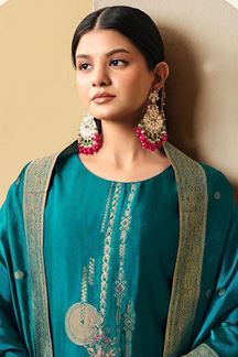 Picture of Alluring Turquoise Designer Straight Cut Suit for Wedding, Reception, Festivals, Sangeet, and Parties (Unstitched suit)