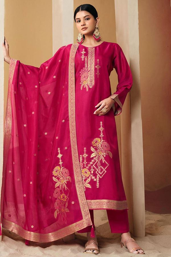 Picture of Delightful Magenta Designer Straight Cut Suit for Wedding, Reception, Festivals, Sangeet, and Parties (Unstitched suit)