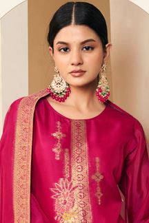 Picture of Delightful Magenta Designer Straight Cut Suit for Wedding, Reception, Festivals, Sangeet, and Parties (Unstitched suit)