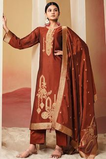 Picture of Lovely Rust Designer Straight Cut Suit for Wedding, Reception, Festivals, Sangeet, and Parties (Unstitched suit)