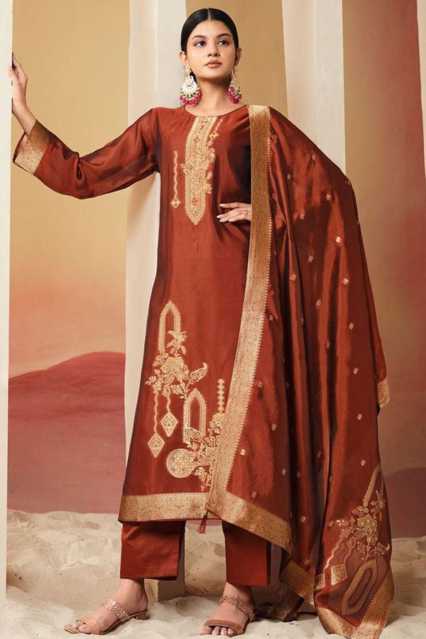 Picture of Lovely Rust Designer Straight Cut Suit for Wedding, Reception, Festivals, Sangeet, and Parties (Unstitched suit)