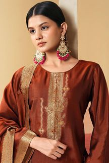 Picture of Lovely Rust Designer Straight Cut Suit for Wedding, Reception, Festivals, Sangeet, and Parties (Unstitched suit)