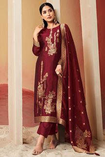 Picture of Marvelous Maroon Designer Straight Cut Suit for Wedding, Reception, Festivals, Sangeet, and Parties (Unstitched suit)