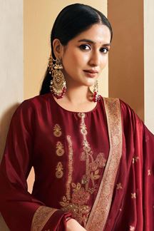 Picture of Marvelous Maroon Designer Straight Cut Suit for Wedding, Reception, Festivals, Sangeet, and Parties (Unstitched suit)