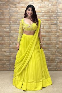 Picture of Outstanding Lemon Yellow Designer Indo-Western Lehenga Choli for Haldi, Engagement, Reception, and Parties