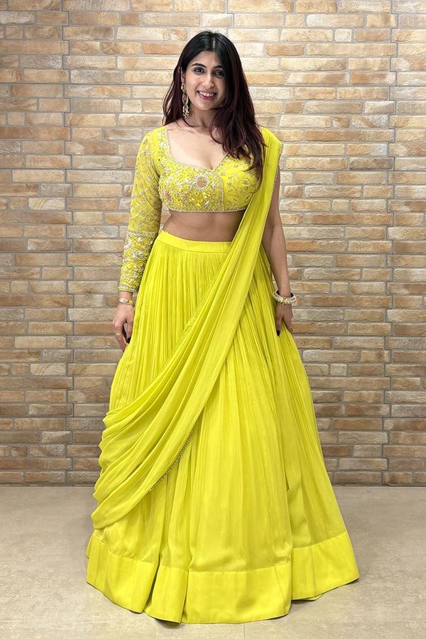 Picture of Outstanding Lemon Yellow Designer Indo-Western Lehenga Choli for Haldi, Engagement, Reception, and Parties