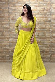 Picture of Outstanding Lemon Yellow Designer Indo-Western Lehenga Choli for Haldi, Engagement, Reception, and Parties