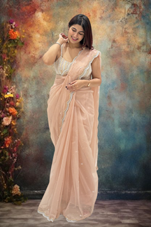 Picture of Flamboyant Peach Organza Designer Saree for Engagement, Reception, Sangeet, and Parties