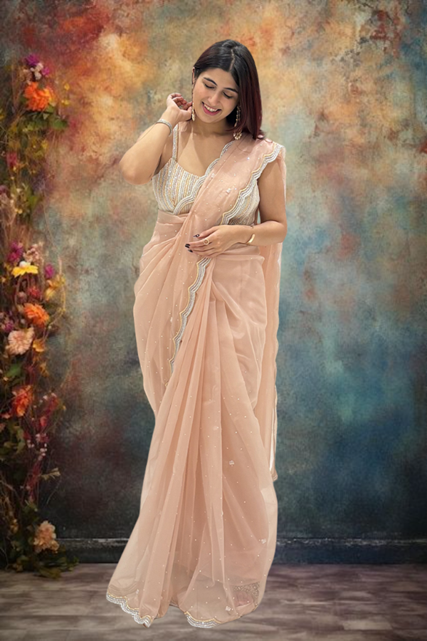 Picture of Flamboyant Peach Organza Designer Saree for Engagement, Reception, Sangeet, and Parties