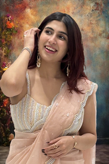 Picture of Flamboyant Peach Organza Designer Saree for Engagement, Reception, Sangeet, and Parties