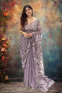 Picture of Amazing Lavender Net Designer Saree for Engagement, Reception, Sangeet, and Parties