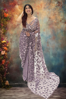 Picture of Amazing Lavender Net Designer Saree for Engagement, Reception, Sangeet, and Parties