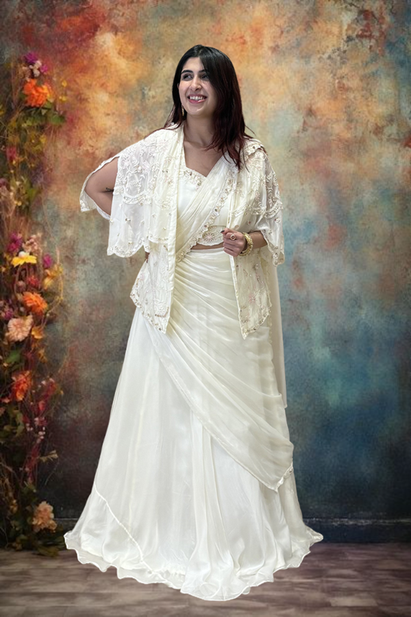 Picture of Smashing Off-White Designer Indo-Western Lehenga Choli for Engagement, Reception, and Parties