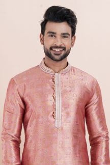 Picture of Exuberant Peach Designer Men’s Kurta for Engagement, Reception, Festival, Sangeet, and Party