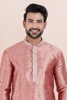 Picture of Classy Peach Designer Men’s Kurta for Engagement, Reception, Festival, Sangeet, and Party