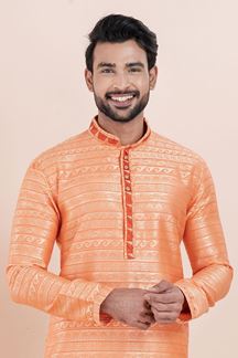 Picture of Delightful Orange Designer Men’s Kurta for Engagement, Reception, Festival, Sangeet, and Party