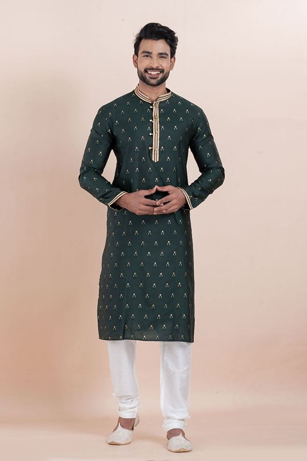 Picture of Majestic Deep Green Designer Men’s Kurta for Festival, Sangeet, and Party